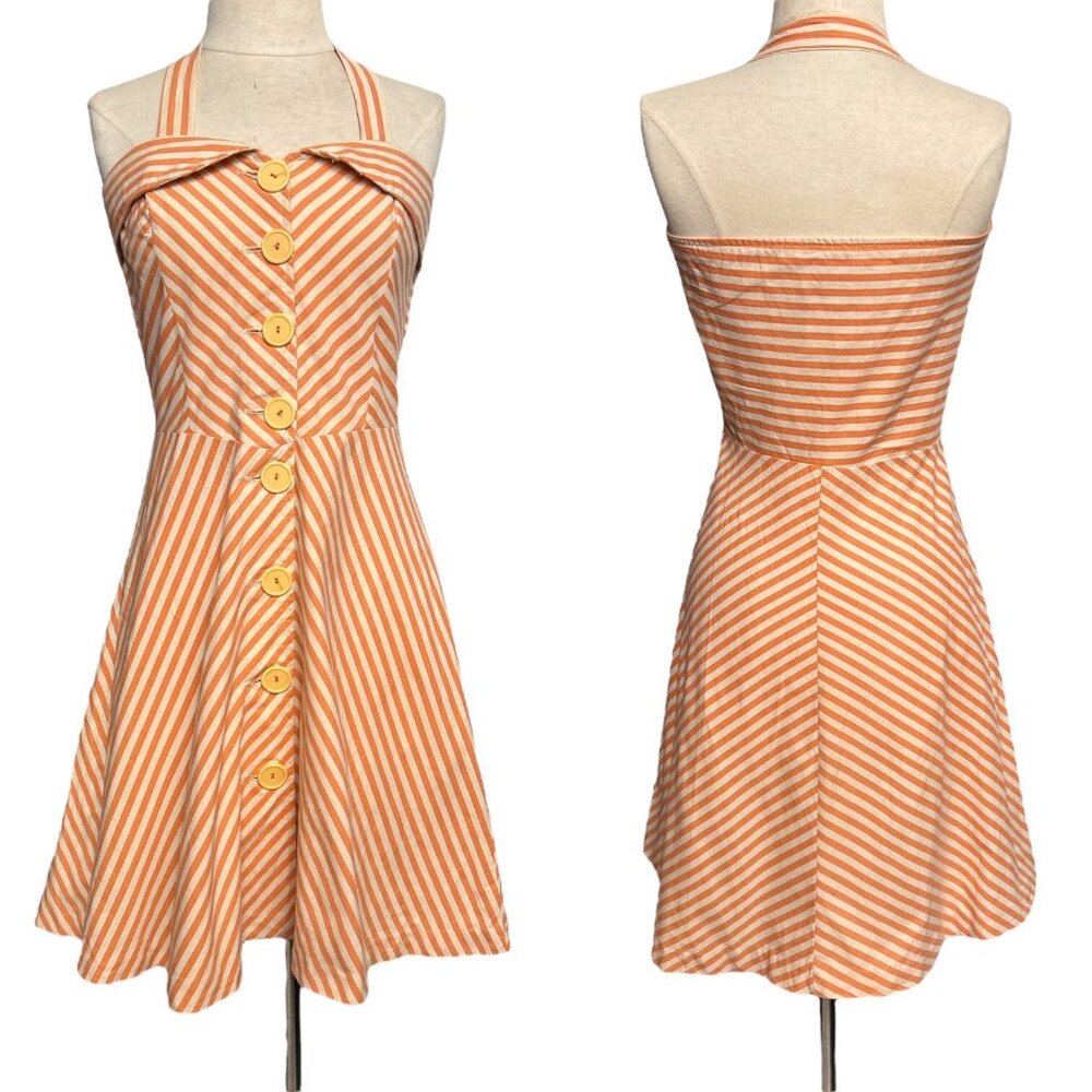 70s vintage stripe halter party dress buttonup rockabilly fit and flare retro.